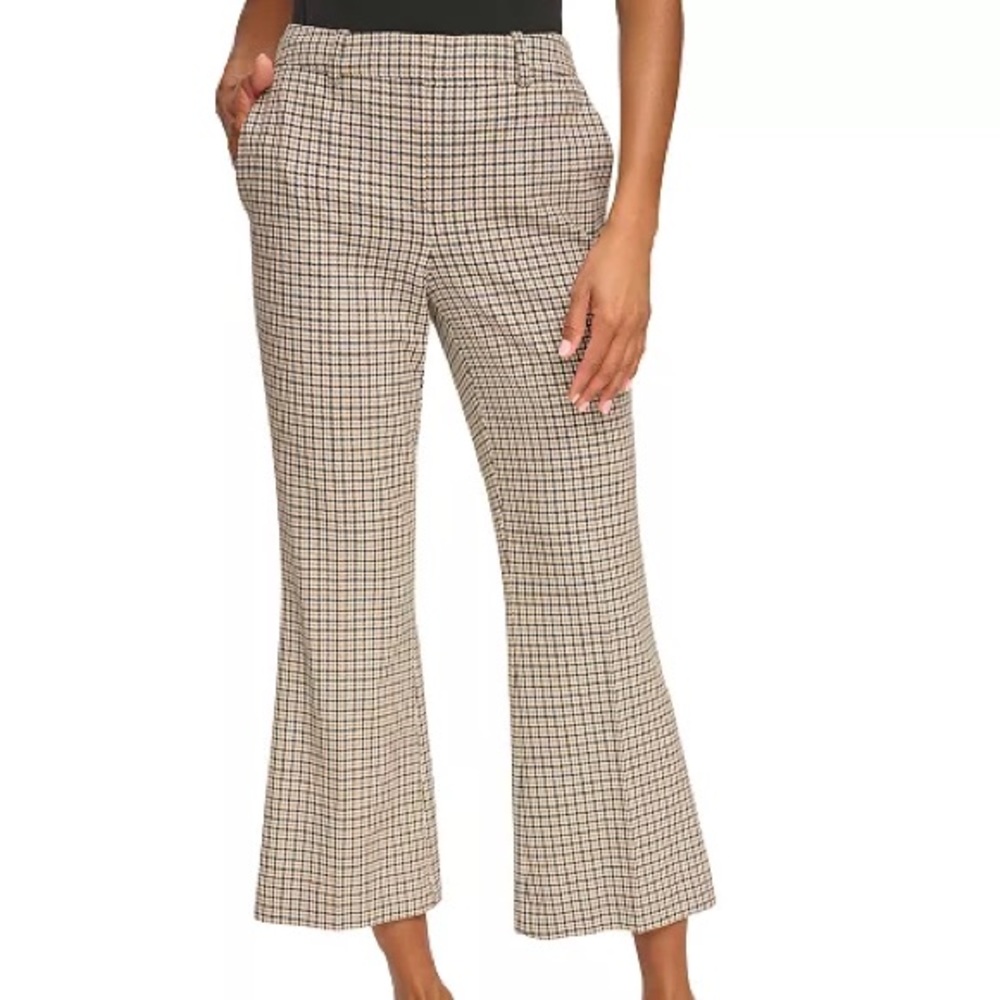 Karl Lagerfeld Paris Houndstooth Beige Plaid Cropped Flare Pants
